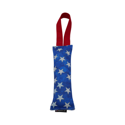 Fire Hose Dog Toy Tugs by American Dog with red loop handle and blue star-pattern body on Tampa Home & Garden Store