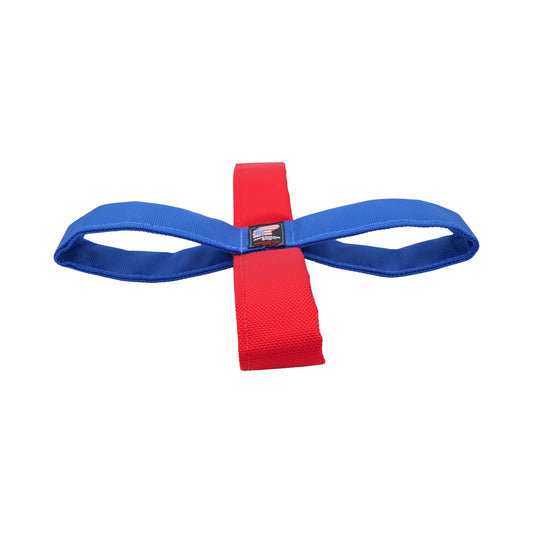 Tug N' Toss dog toy with blue nylon webbing loops and red center strap by American Dog on Tampa Home & Garden Store