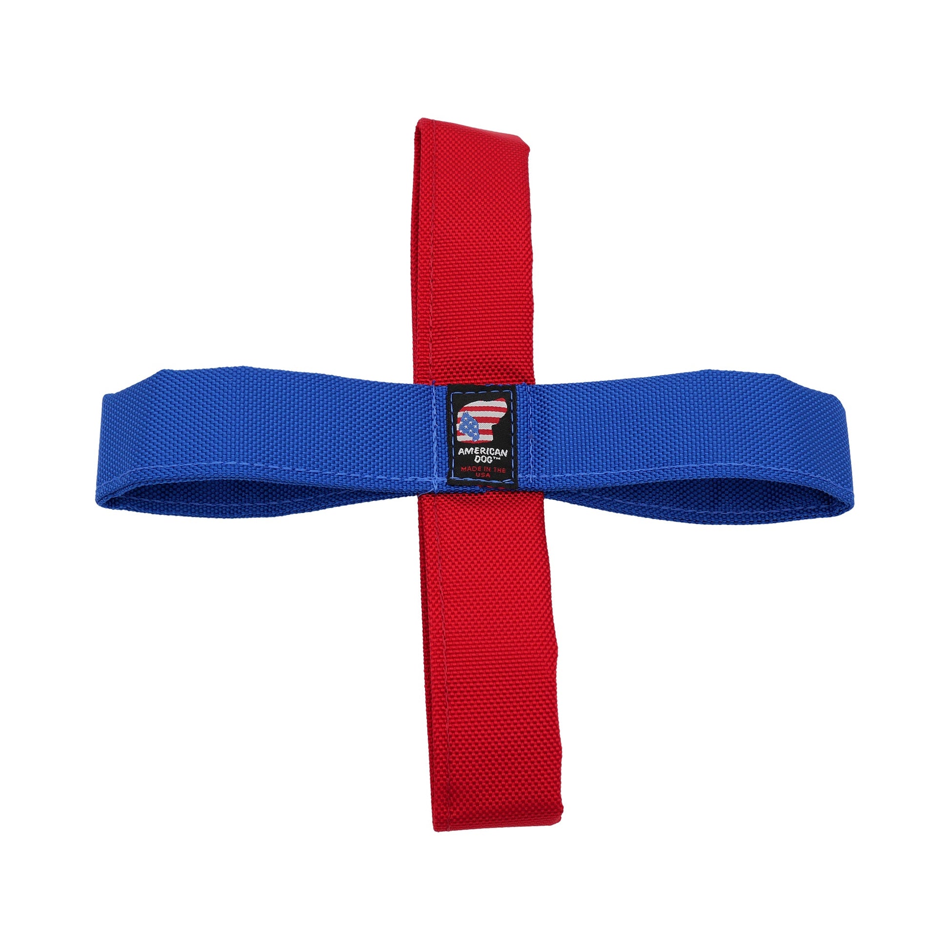 Tug N' Toss dog toy with red handle and blue woven body by American Dog on Tampa Home & Garden Store