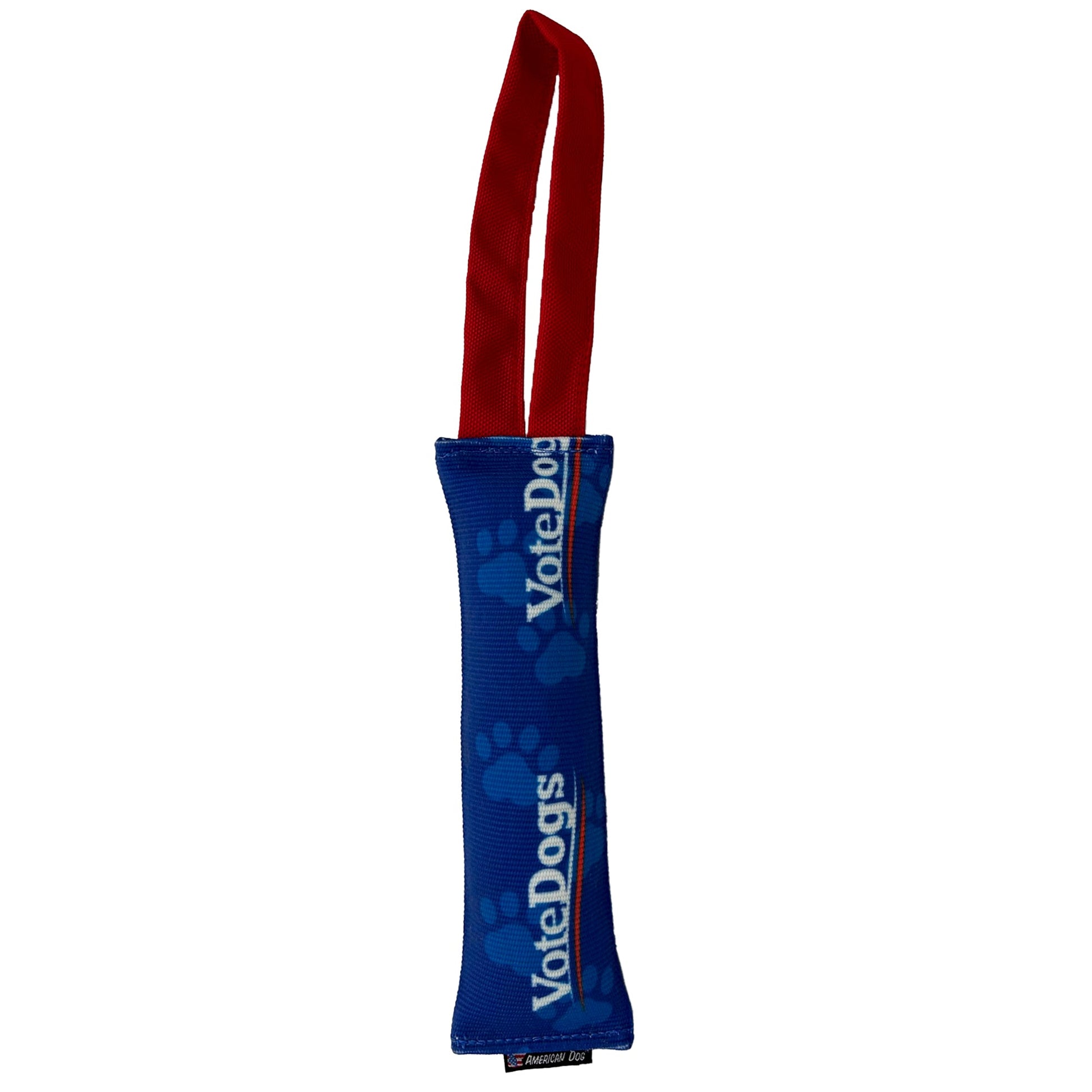 Fire Hose Dog Toy Tugs by American Dog featuring red fabric straps and blue handle on Tampa Home & Garden Store