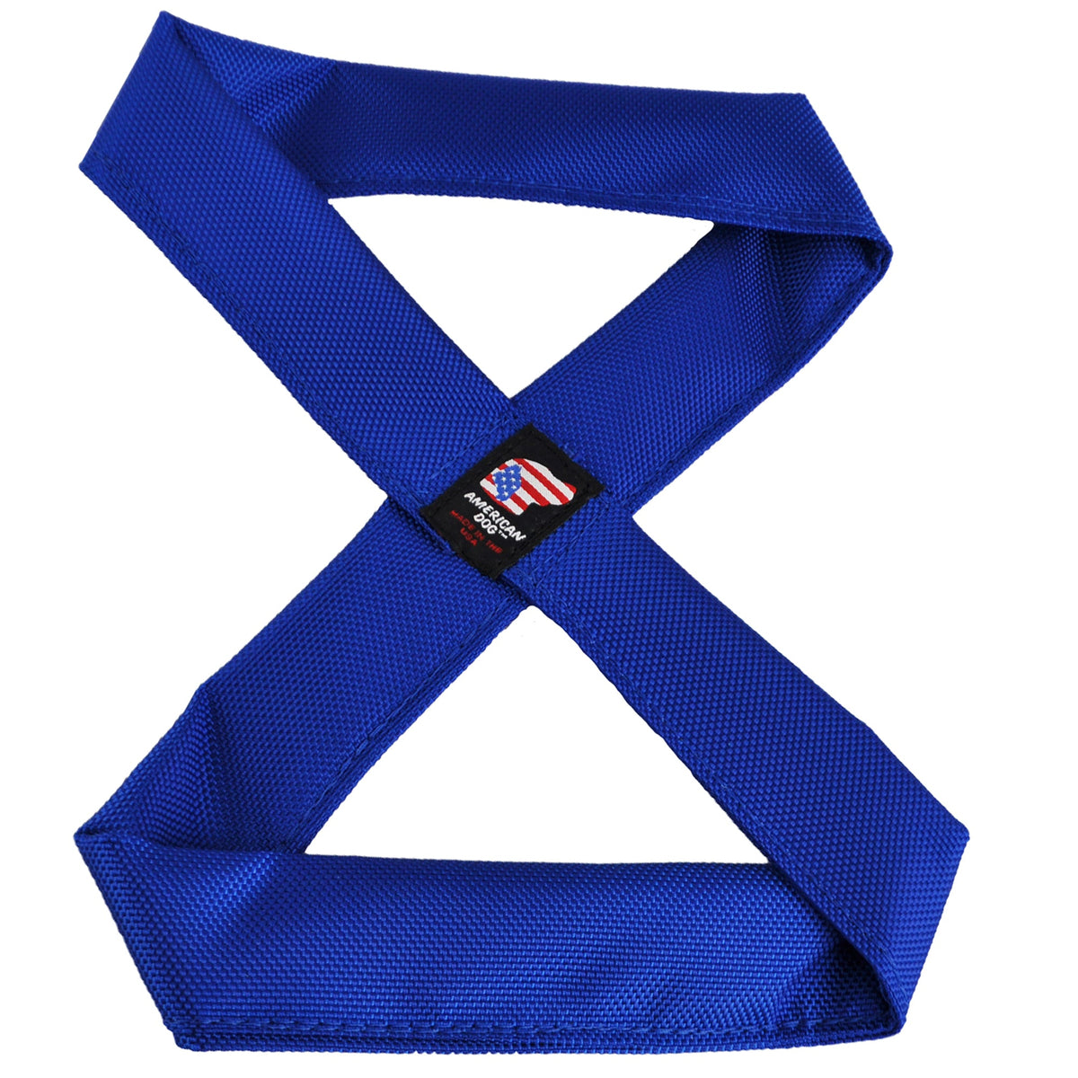 Infinity Tug dog toy blue nylon strap with American Dog branding patch on Tampa Home & Garden Store