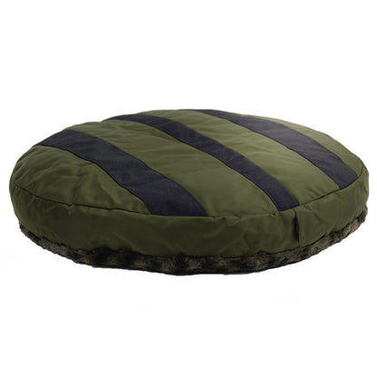 Round Furvana dog bed olive green with black stripes and plush faux fur by American Dog on Tampa Home & Garden Store