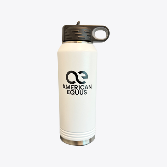 American Equus Signature Polar water bottle, white body with black lid and loop handle on Tampa Home & Garden Store