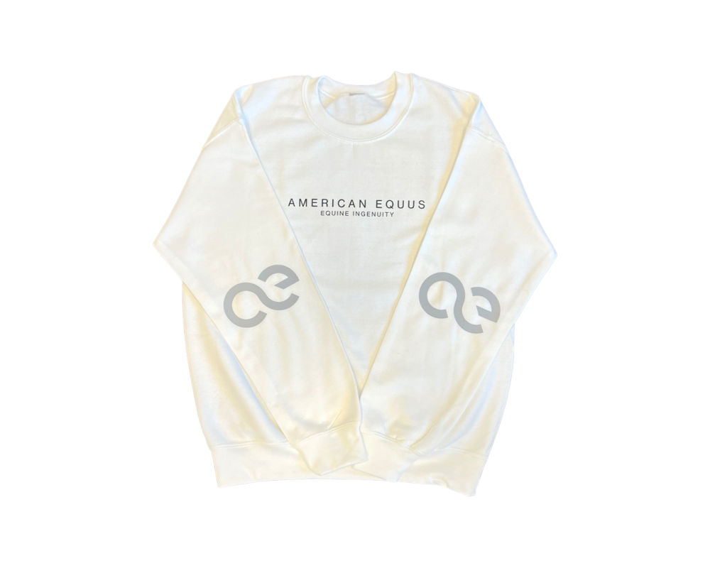 American Equus Signature Sweatshirt, cream color with chest logo and gray sleeve emblems on Tampa Home & Garden Store