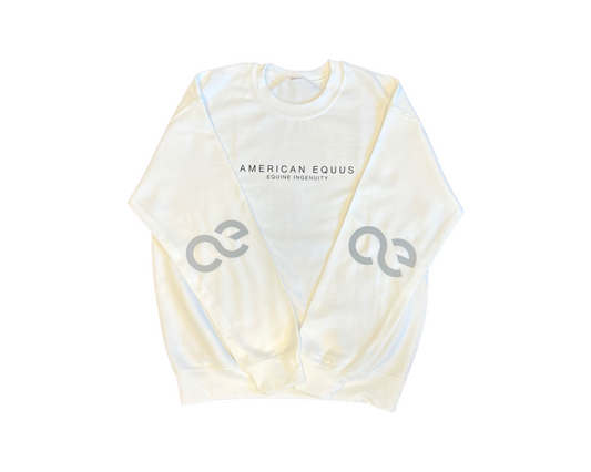 American Equus Signature Sweatshirt, cream color with chest logo and gray sleeve emblems on Tampa Home & Garden Store