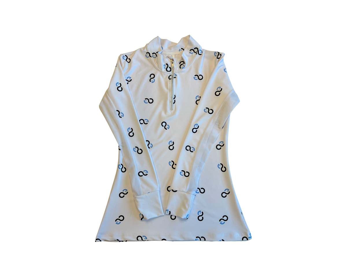 American Equus Sleeve Training Shirt white with black and blue logo pattern, quarterzip on Tampa Home & Garden Store