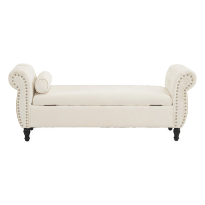 Velvet Multifunctional Storage Rectangular ottoman bench with 1 Pillow, Beige