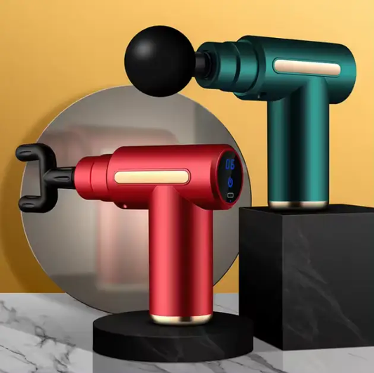 Rechargeable muscle massage gun set red and teal with digital display and multiple heads on Tampa Home & Garden Store