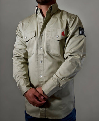 Static FR Khaki Western Style Pearl Snap Shirt with U.S. flag patch on Tampa Home & Garden Store