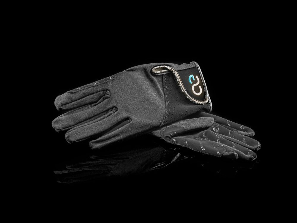 DECADE Signature American Equus Riding Gloves, black pair with loop logo patch on cuff on Tampa Home & Garden Store