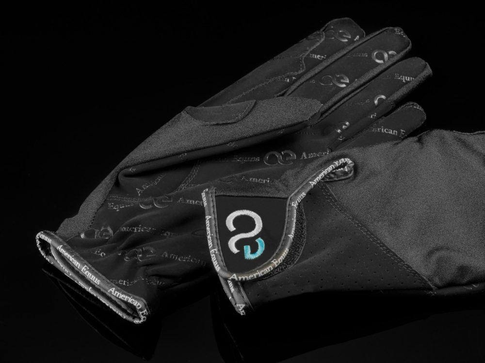 American Equus DECADE Equestrian Riding Gloves, black perforated palm, Velcro cuff, logo patch on Tampa Home & Garden Store