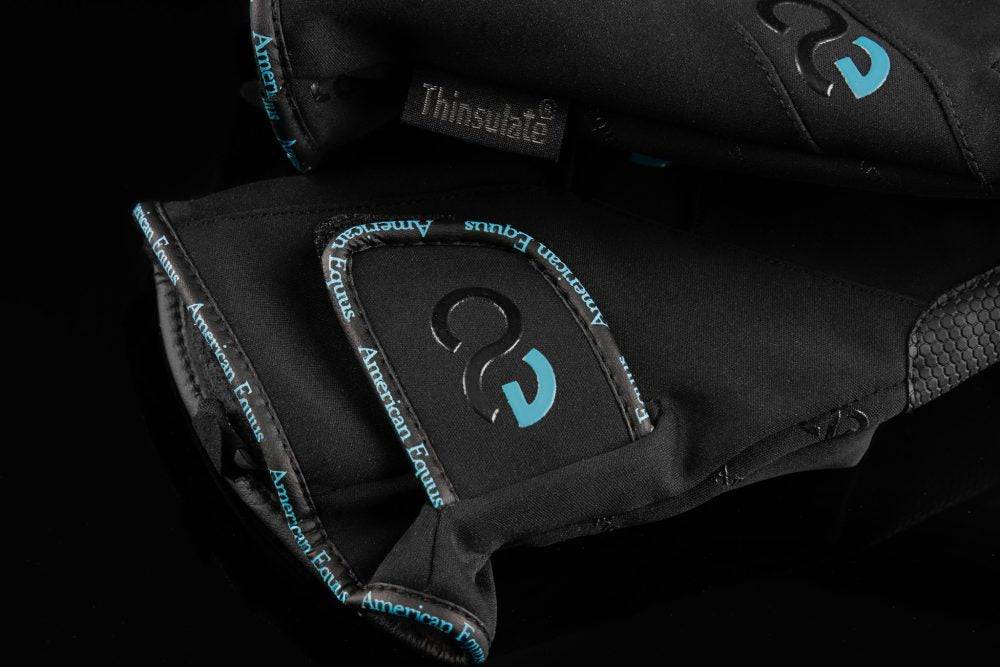 American Equus WinterTec Riding Gloves, black with blue logo trim and Thinsulate patch on Tampa Home & Garden Store