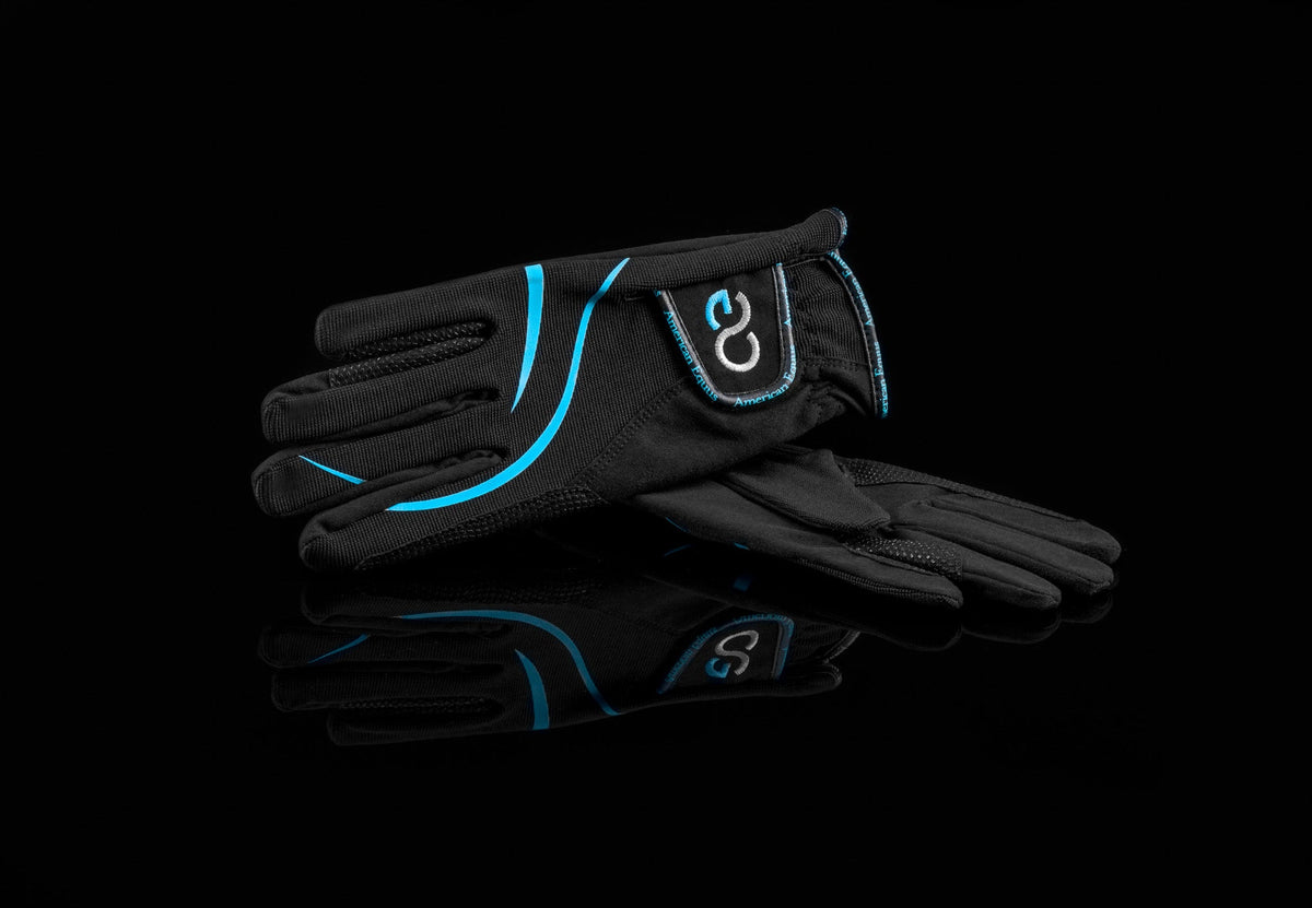 American Equus UltraFeel Equestrian Riding Gloves, black with blue piping and logo ring on Tampa Home & Garden Store