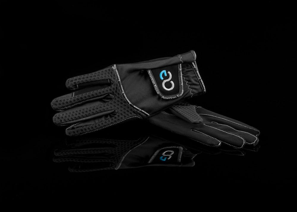 American Equus Cool-Flow Equestrian Riding Gloves, black mesh with blue logo and Velcro cuff on Tampa Home & Garden Store