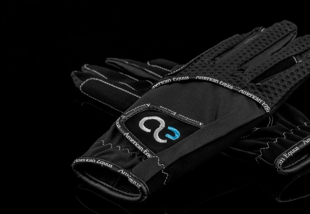 American Equus Cool-Flow Equestrian Riding Gloves, pair of black mesh back with white stitching patch on Tampa Home & Garden Store