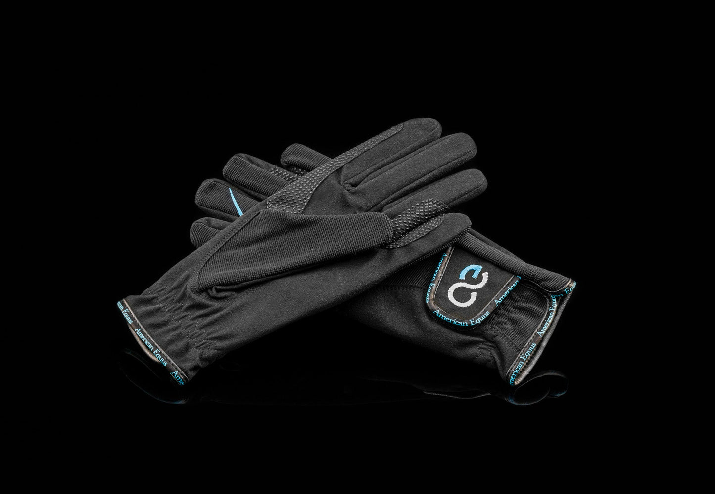 American Equus UltraFeel Performance Equestrian Riding Gloves, black fabric with blue trim on Tampa Home & Garden Store