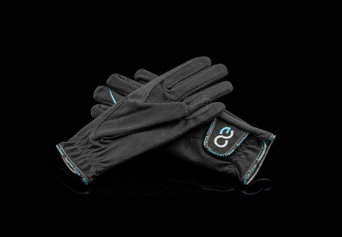 American Equus UltraFeel Performance Equestrian Riding Gloves, black fabric with blue trim on Tampa Home & Garden Store