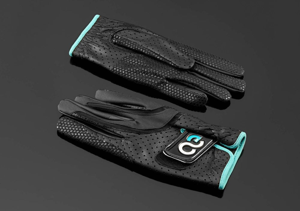 American Equus gloves, black perforated leather with teal trim, pair on Tampa Home & Garden Store