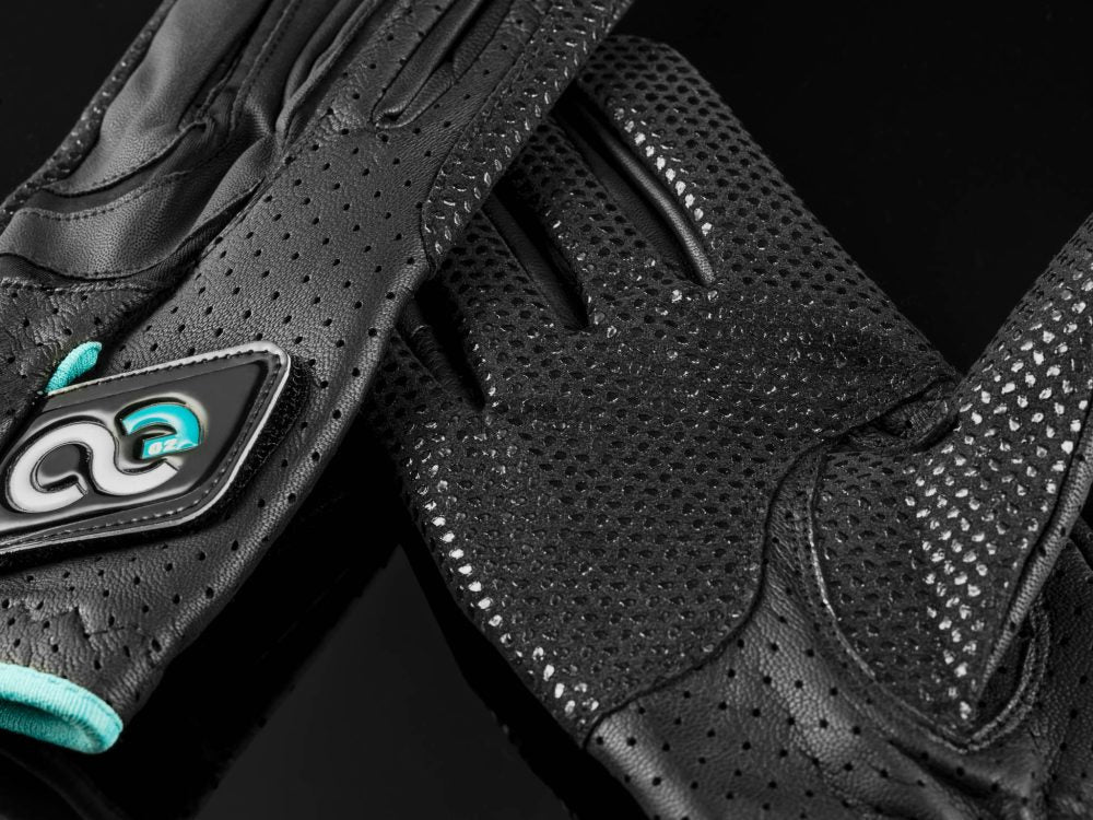 American Equus Signature Riding Gloves, pair, black perforated leather with teal trim on Tampa Home & Garden Store