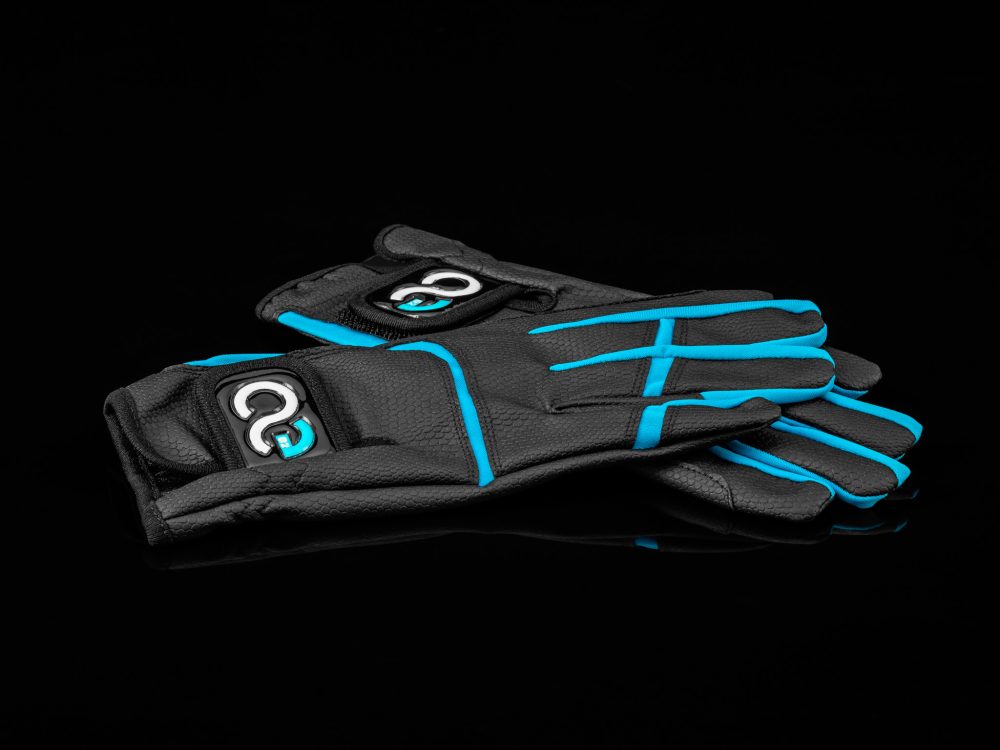 American Equus EquiFeel riding gloves, black with blue piping, pair shown on Tampa Home & Garden Store