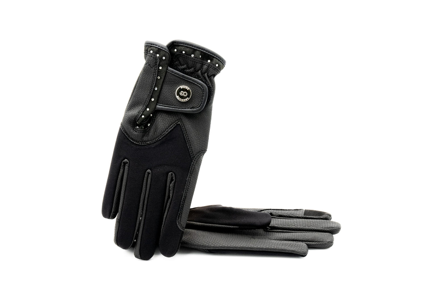American Equus Crystal Drip Equestrian Riding Gloves black studded leather with logo button on Tampa Home & Garden Store