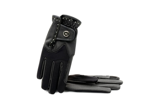 American Equus Crystal Drip Equestrian Riding Gloves black studded leather with logo button on Tampa Home & Garden Store