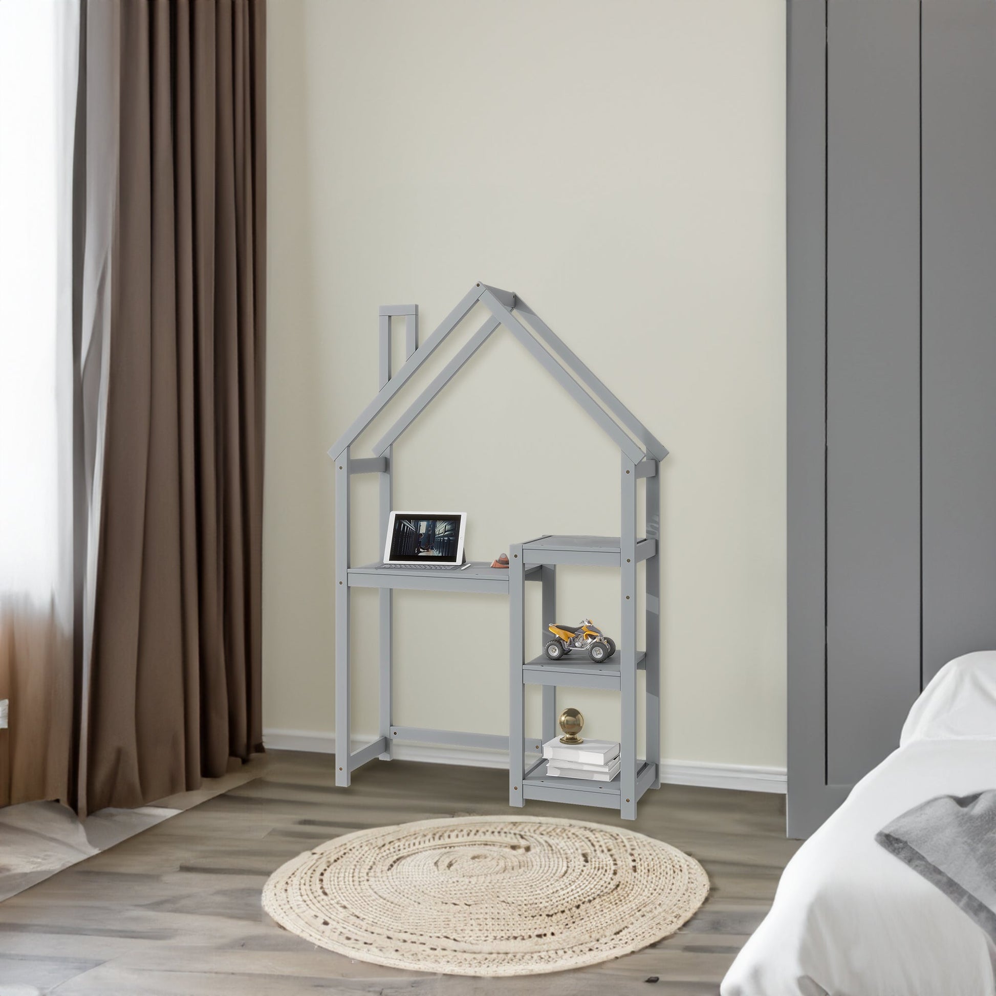 House-shaped Wooden writing Desk,Kids study Table,Bookshelf & Toy Storage,Grey - Tampa Home & Garden Store