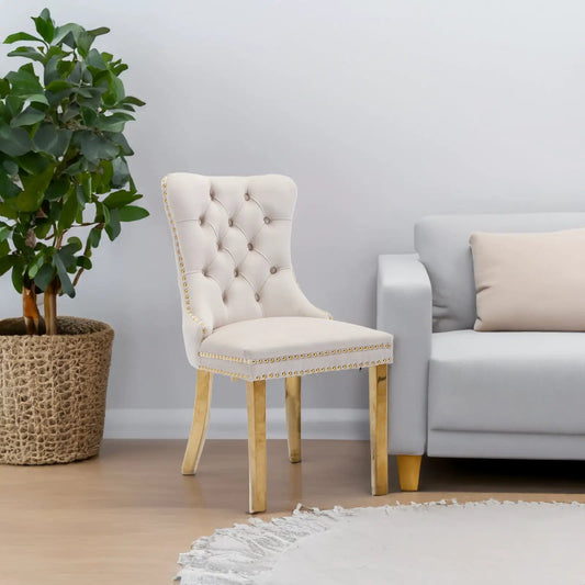Tufted velvet dining chair beige with gold legs and nailhead trim in living room on Tampa Home & Garden Store