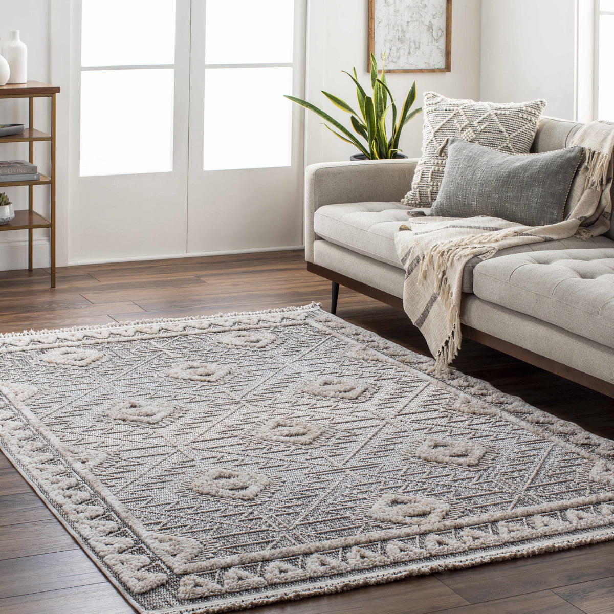 Agoo High-Low Pile Rustic Rug beige ivory geometric pattern Boutique Rugs in living room on Tampa Home & Garden Store