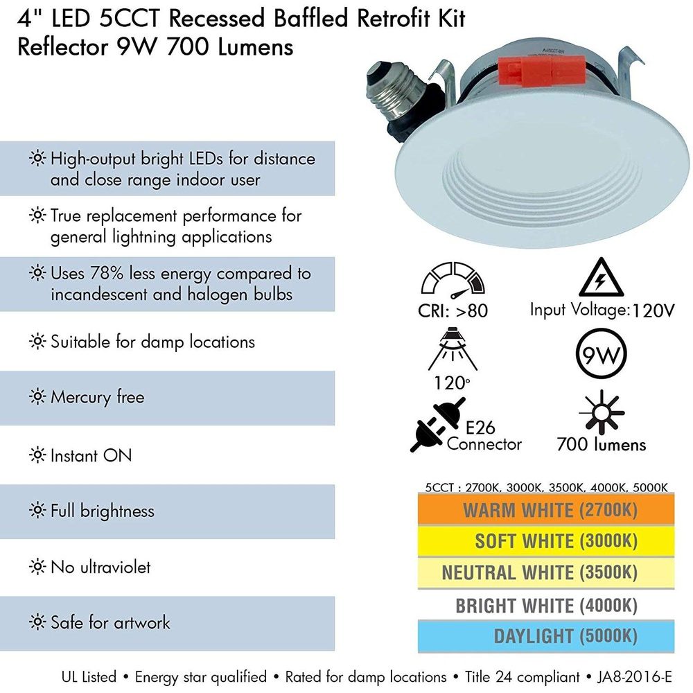 Kit de reequipamiento con reflector deflector empotrado, 5 CCT, 9 W, LED seleccionable de 4" de AH Lighting