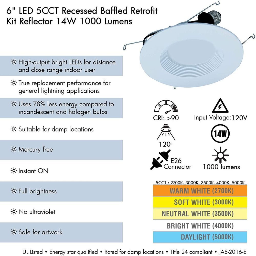 Kit de reequipamiento con reflector empotrable y deflector AH Lighting A7 de 6" con LED seleccionable, 5 CCT y 14 W 