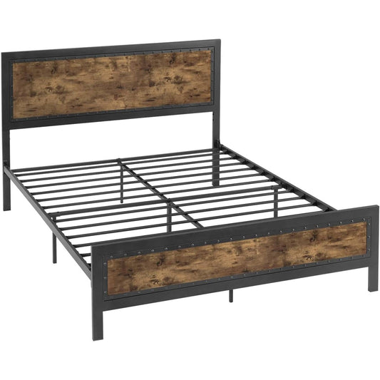 Queen Industrial Rivet Platform Bed Frame with Headboard in Rustic Wood Finish - Tampa Home & Garden Store