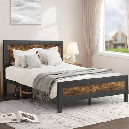 Estructura de cama Queen Industrial Rivet con cabecero en acabado de madera rústica