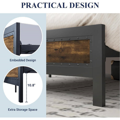 Estructura de cama Queen Industrial Rivet con cabecero en acabado de madera rústica
