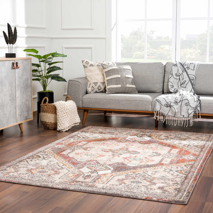 Yennora Area Rug by Boutique Rugs in warm multicolor geometric pattern in living room on Tampa Home & Garden Store