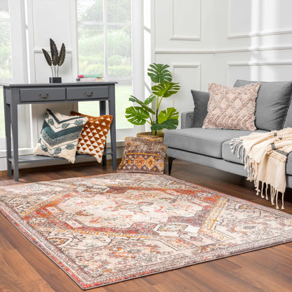 Yennora Area Rug by Boutique Rugs, gray base with orange accents in pattern in living room on Tampa Home & Garden Store