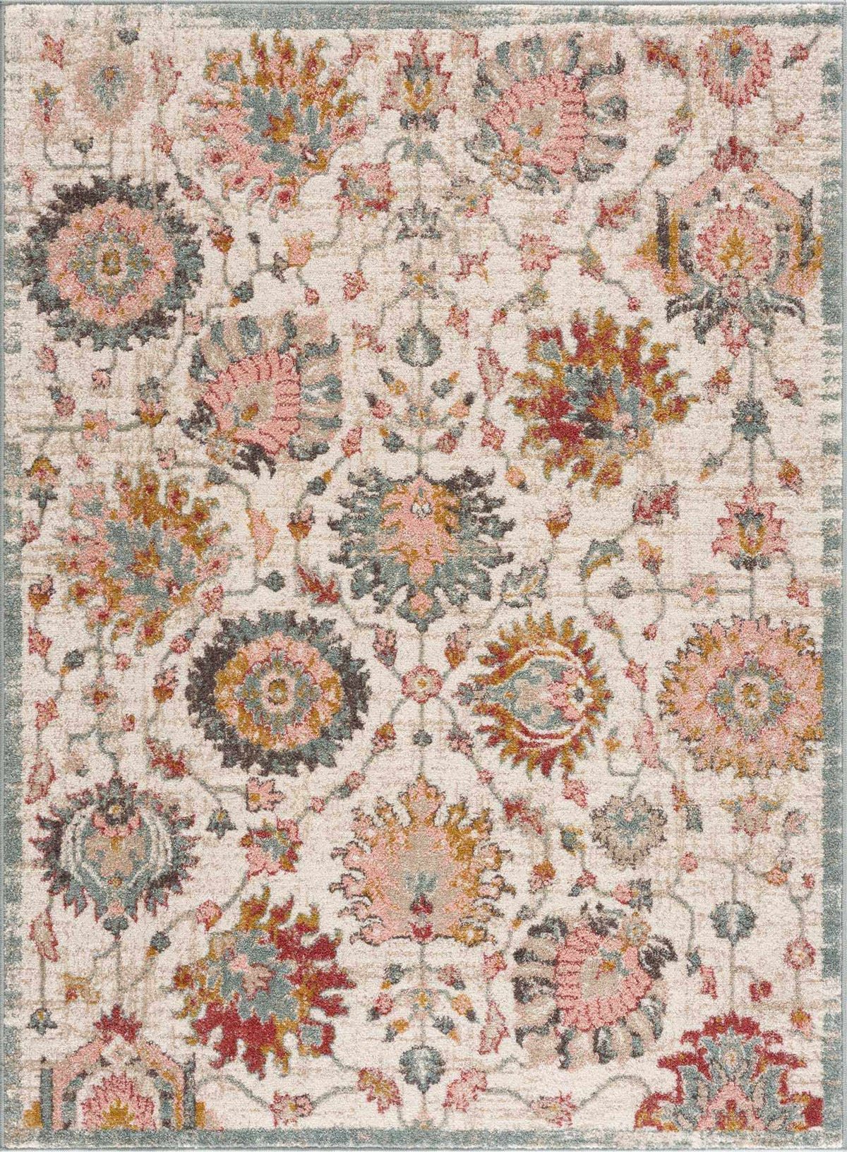 Twilight Floral Area Rug from Boutique Rugs with cream field and pink teal gold florals on Tampa Home & Garden Store