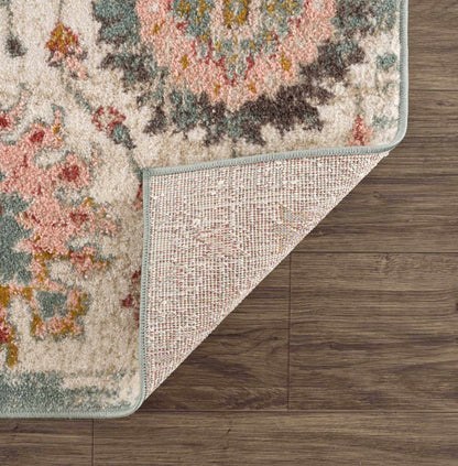 Twilight Floral Area Rug with pink, cream, sage and brown floral pattern and blue binding on Tampa Home & Garden Store