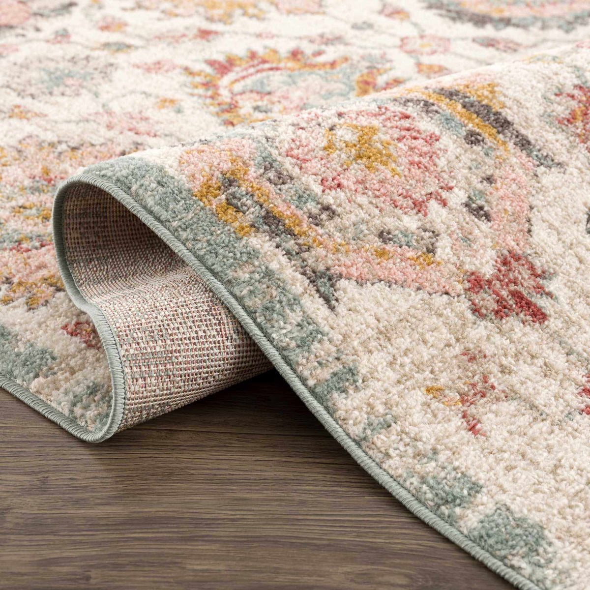 Twilight Floral Area Rug plush shag in pink blue ivory palette with gray edge binding on Tampa Home & Garden Store