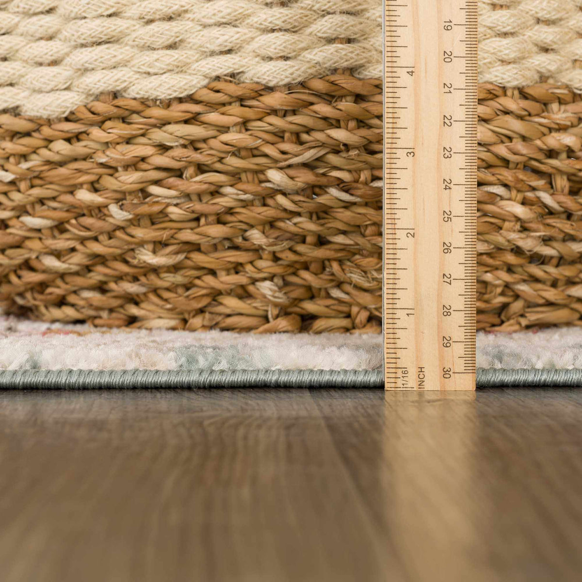 Twilight Floral Area Rug by Boutique Rugs, natural beige/brown jute braid texture with ruler scale on Tampa Home & Garden Store