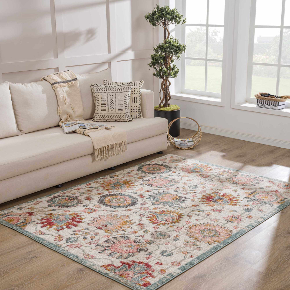 Twilight Floral Area Rug Boutique Rugs; cream background with florals and teal border on Tampa Home & Garden Store