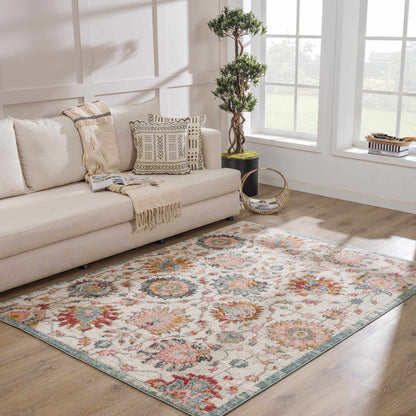 Twilight Floral Area Rug Boutique Rugs; cream background with florals and teal border on Tampa Home & Garden Store