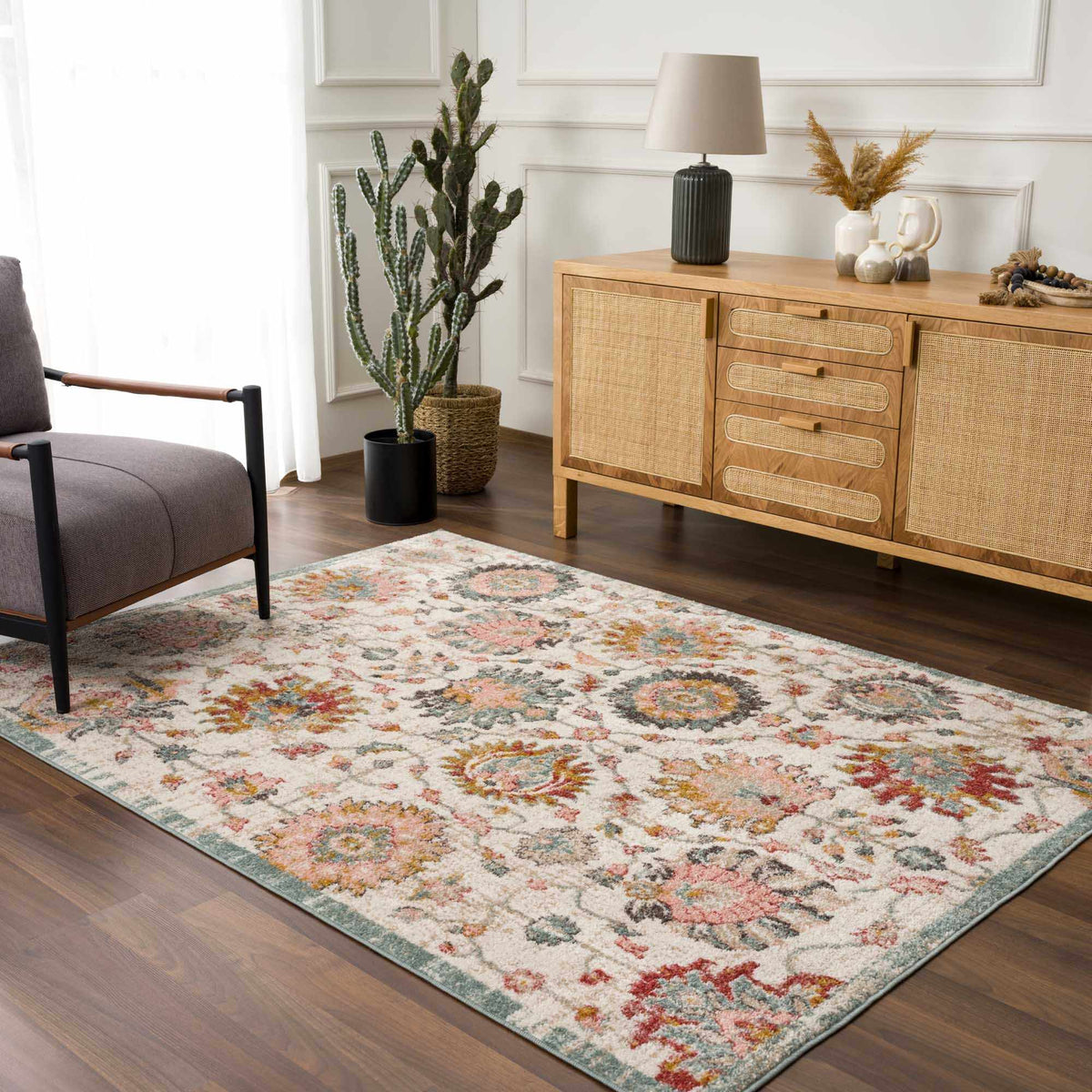 Twilight Floral Area Rug, ivory background with multicolor floral pattern, woven texture on Tampa Home & Garden Store