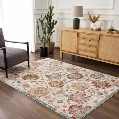 Twilight Floral Area Rug, ivory background with multicolor floral pattern, woven texture on Tampa Home & Garden Store