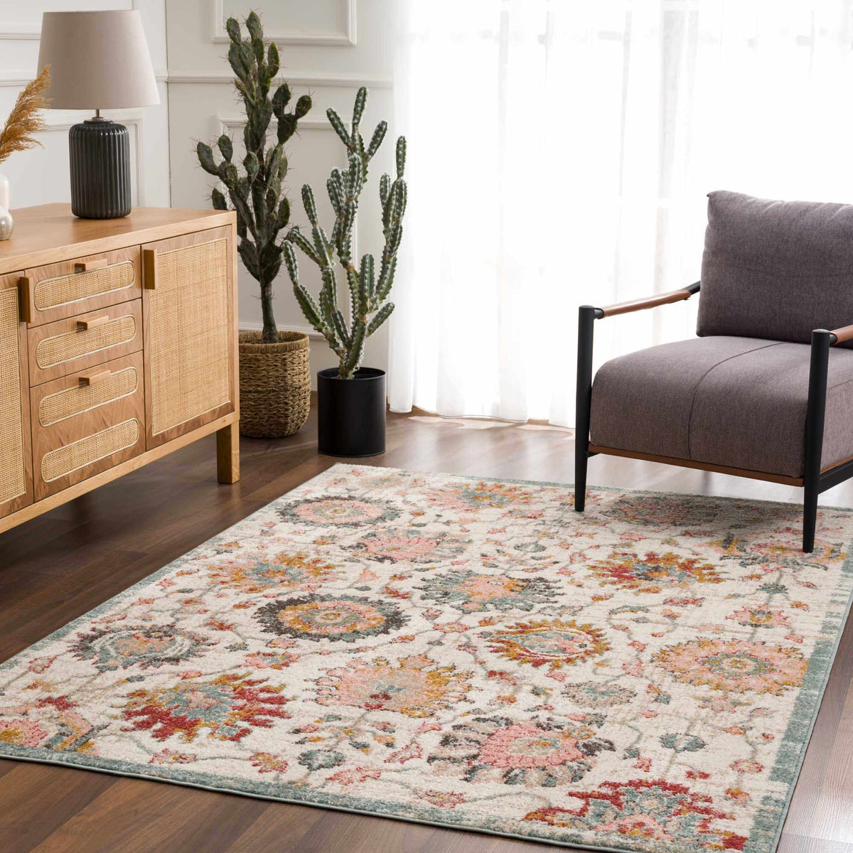 Twilight Floral Area Rug by Boutique Rugs, multicolor floral design in living room on Tampa Home & Garden Store