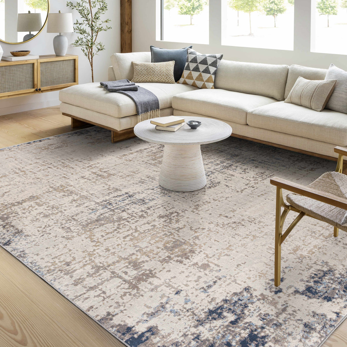 Alcove Abstract Area Rug beige blue-gray pattern in living room Boutique Rugs on Tampa Home & Garden Store