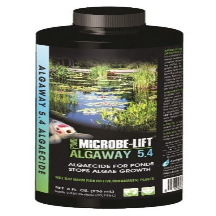 Microbe-Lift Algaway 5.4 pond algaecide bottle, black plastic container on Tampa Home & Garden Store