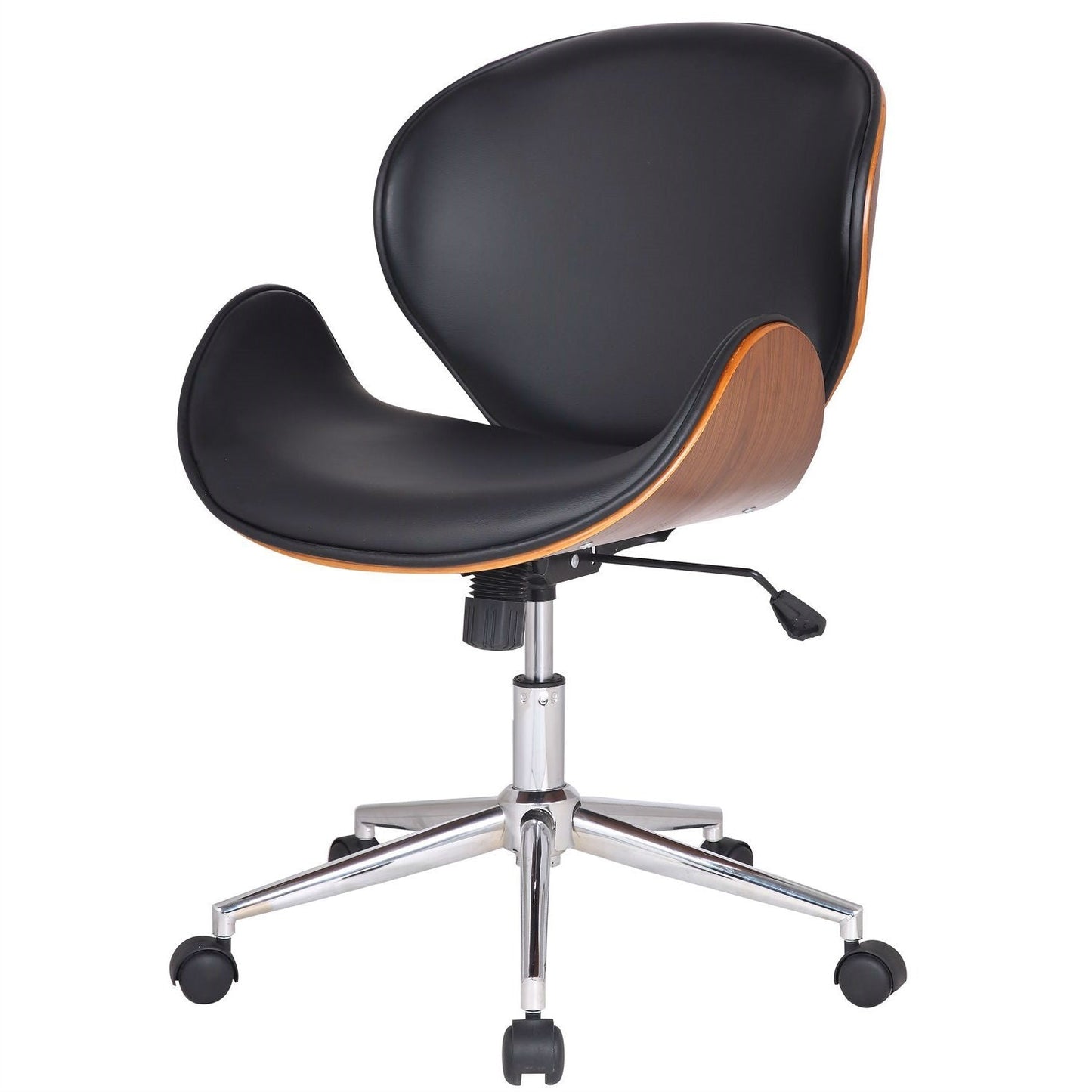 Silla de oficina moderna clásica de nogal y piel sintética negra con asiento curvo