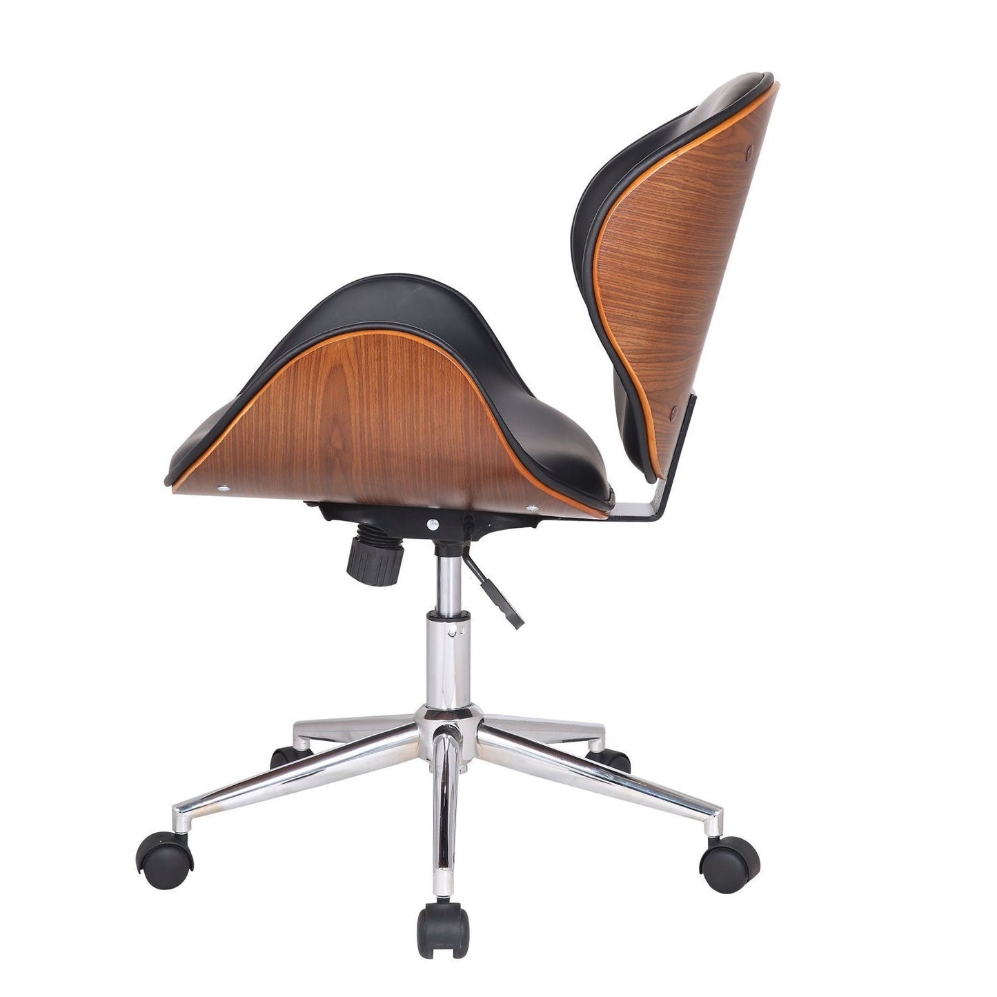 Silla de oficina moderna clásica de nogal y piel sintética negra con asiento curvo
