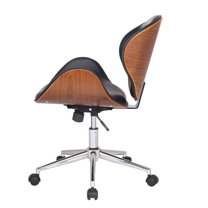 Silla de oficina moderna clásica de nogal y piel sintética negra con asiento curvo